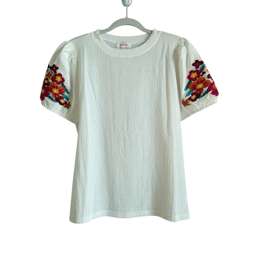 Jess Lea Top Women's Large‎ White Sand Embroidered Puff Sleeve Peasant Blouse